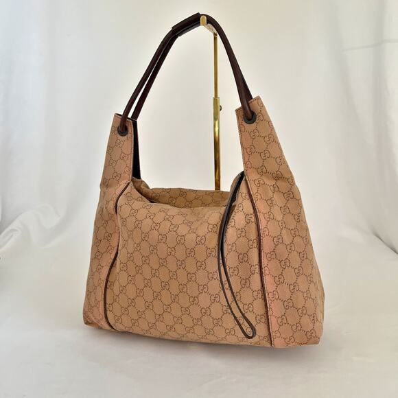 Gucci GG Brown Denim Canvas Shoulder Bag Hobo Leather - Picture 1 of 12